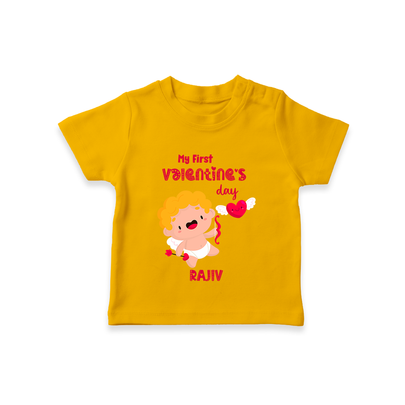 My First Valentine's Day - A Day Full of Sweet Surprises Customized T-Shirt For Kids With Name - CHROME YELLOW - 0-5 Months Old (Chest 17")