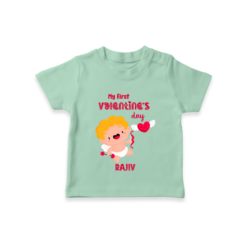 My First Valentine's Day - A Day Full of Sweet Surprises Customized T-Shirt For Kids With Name - MINT GREEN - 0-5 Months Old (Chest 17")