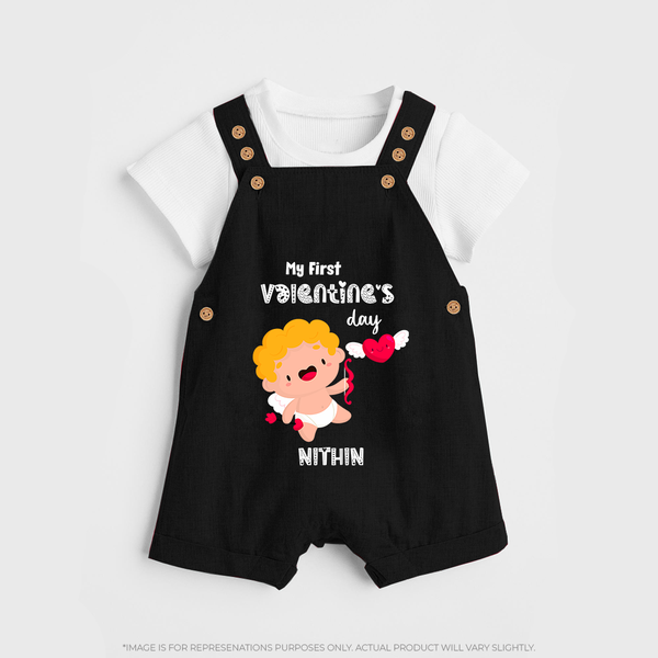 My First Valentine's Day - A Day Full of Sweet Surprises Customized Dungaree Set For Kids With Name - BLACK - 0 - 5 Months Old (Chest 18")