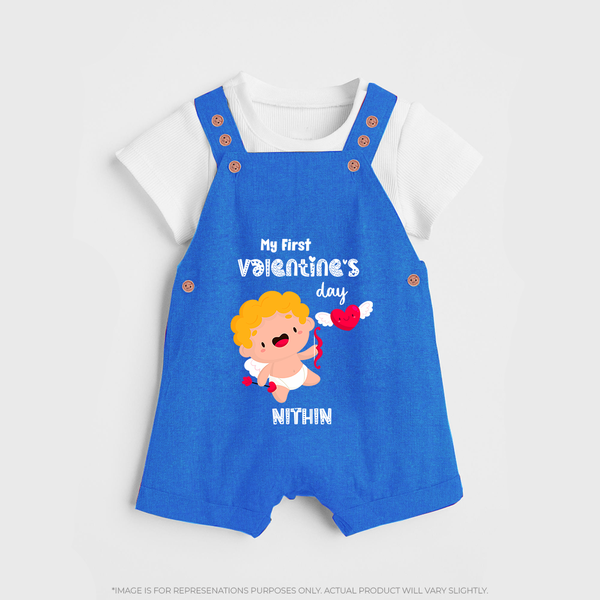 My First Valentine's Day - A Day Full of Sweet Surprises Customized Dungaree Set For Kids With Name - COBALT BLUE - 0 - 5 Months Old (Chest 18")