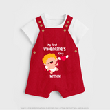 My First Valentine's Day - A Day Full of Sweet Surprises Customized Dungaree Set For Kids With Name - RED - 0 - 5 Months Old (Chest 18")