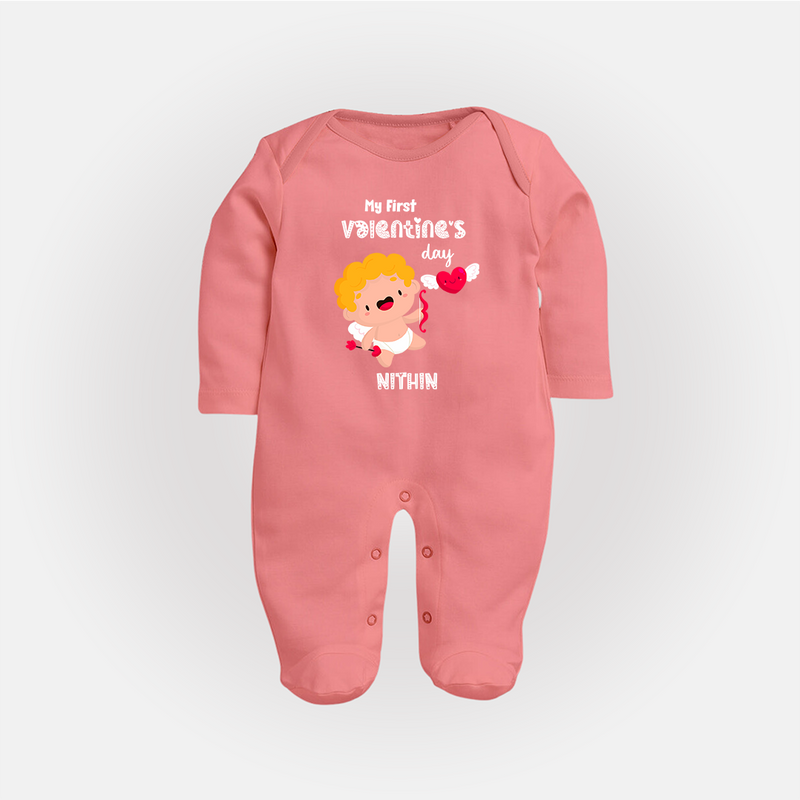 My First Valentine's Day - A Day Full of Sweet Surprises Customized Sleep Suit For Babies With Name - PEACH - New Born (Chest 7.5")