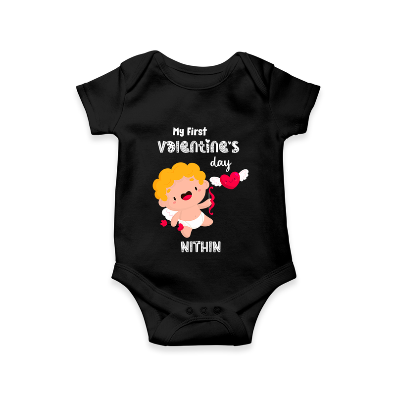 My First Valentine's Day - A Day Full of Sweet Surprises Customized Romper For Babies With Name - BLACK - 0 - 3 Months Old (Chest 16")