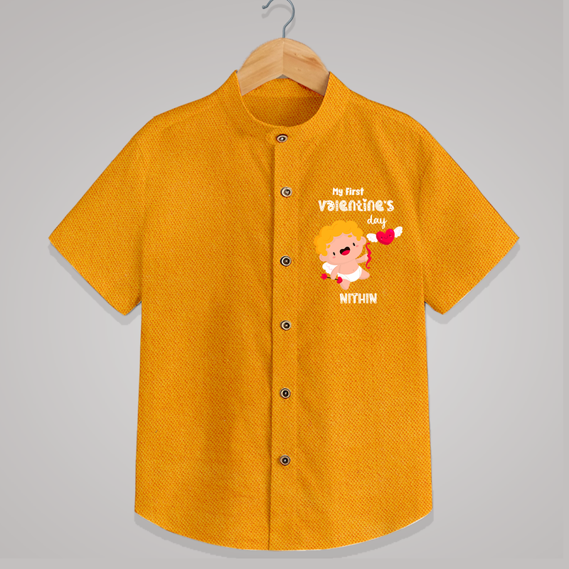 My First Valentine's Day - A Day Full of Sweet Surprises Customized Shirt For Kids With Name - CHROME YELLOW - 0 - 6 Months Old (Chest 23")