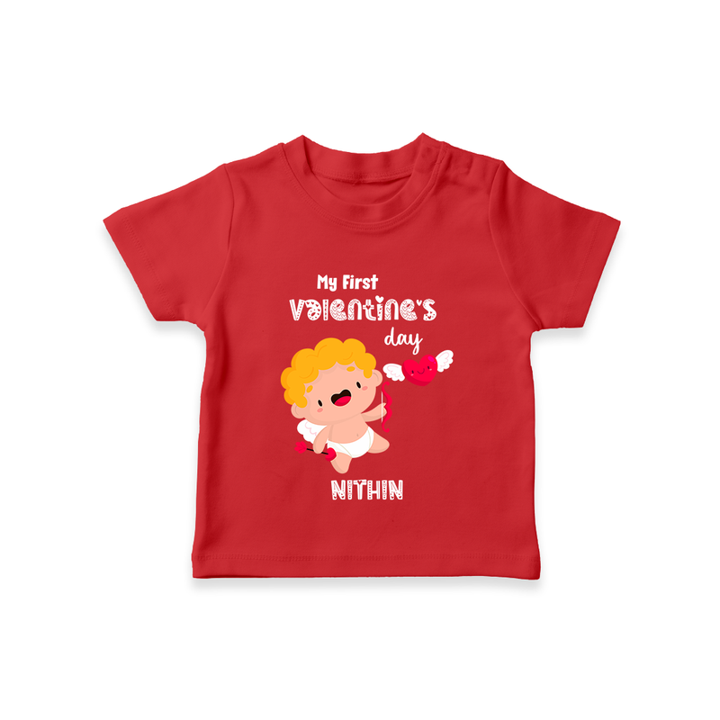 My First Valentine's Day - A Day Full of Sweet Surprises Customized T-Shirt For Kids With Name - RED - 0-5 Months Old (Chest 17")