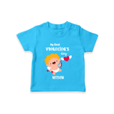 My First Valentine's Day - A Day Full of Sweet Surprises Customized T-Shirt For Kids With Name - SKY BLUE - 0-5 Months Old (Chest 17")