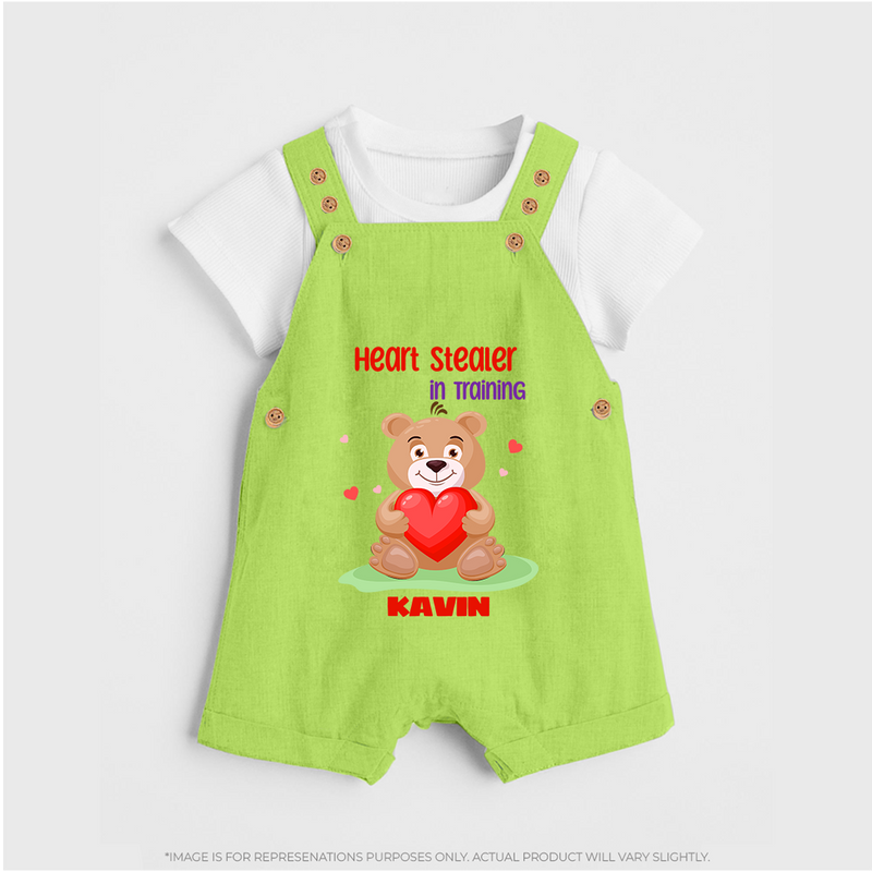 Heart Stealer In Training - Customized Dungaree Set For Kids With Name - GREEN - 0 - 5 Months Old (Chest 18")