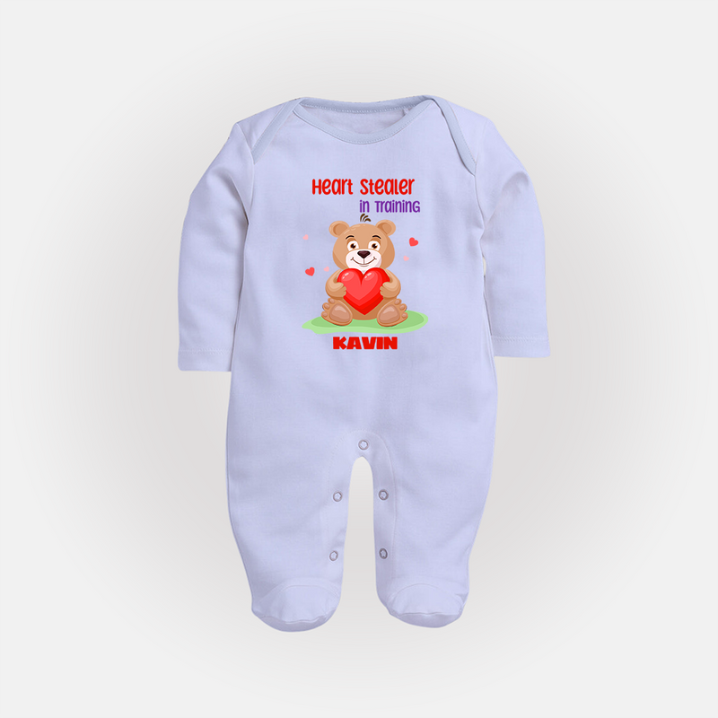 Heart Stealer In Training - Customized Sleep Suit For Babies With Name - BABY BLUE - New Born (Chest 7.5")