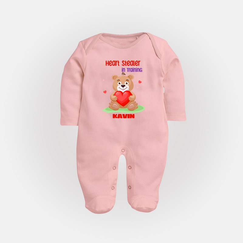 Heart Stealer In Training - Customized Sleep Suit For Babies With Name - BABY PINK - New Born (Chest 7.5")