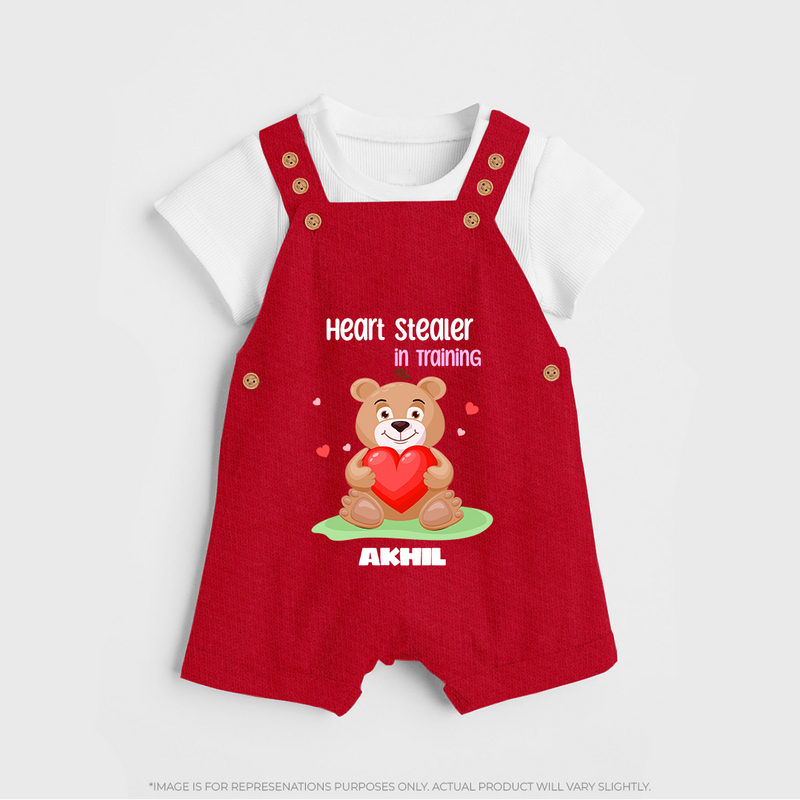 Heart Stealer In Training - Customized Dungaree Set For Kids With Name - RED - 0 - 5 Months Old (Chest 18")