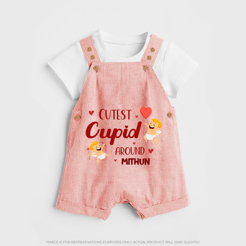 Cutest Cupid Around - Customized Dungaree Set For Kids With Name - PEACH - 0 - 5 Months Old (Chest 18")