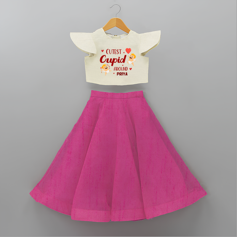 Cutest Cupid Around - Customized Crop Top And Skirt For Kids With Name - FUSCHIA - 6 - 9 Months Old (Chest 20" , Frock Waist 20")