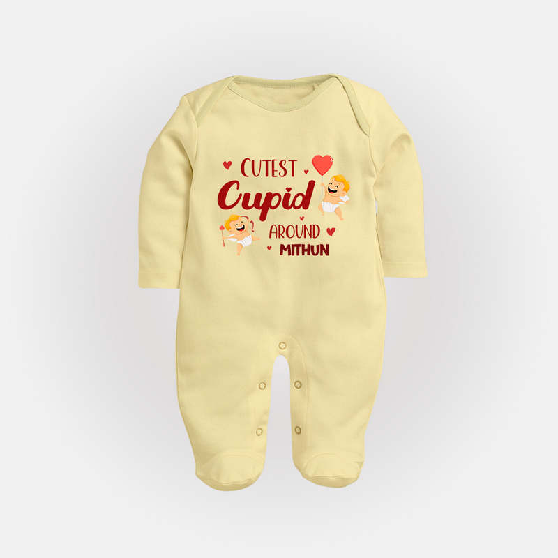 Cutest Cupid Around - Customized Sleep Suit For Babies With Name - PASTEL YELLOW - New Born (Chest 7.5")