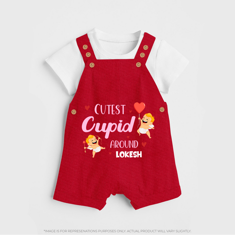 Cutest Cupid Around - Customized Dungaree Set For Kids With Name - RED - 0 - 5 Months Old (Chest 18")