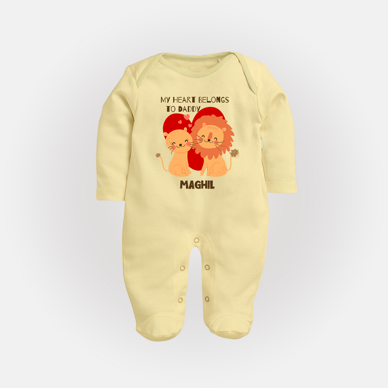 My Heart Belongs To Daddy - Customized Sleep Suit For Babies With Name - PASTEL YELLOW - New Born (Chest 7.5")