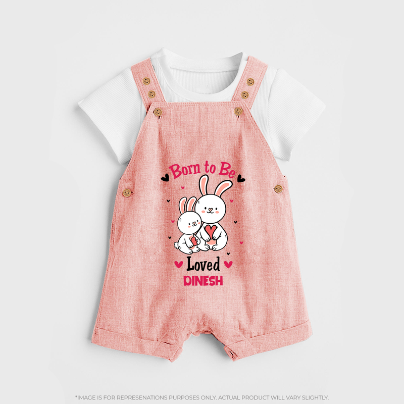 Born To Be Loved - Customized Dungaree Set For Kids With Name - PEACH - 0 - 5 Months Old (Chest 18")