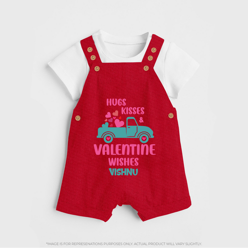 Hugs, Kisses & Valentine Wishes - Customized Dungaree Set For Kids With Name - RED - 0 - 5 Months Old (Chest 18")