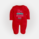 Hugs, Kisses & Valentine Wishes - Customized Sleep Suit For Babies With Name - RED - New Born (Chest 7.5")