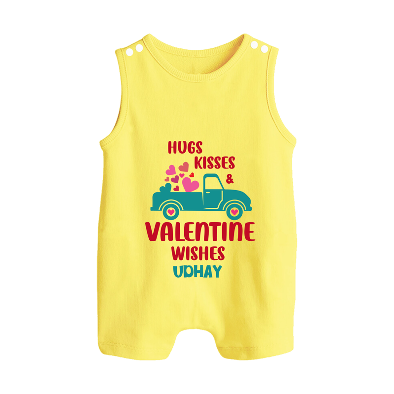 Hugs, Kisses & Valentine Wishes - Customized Romper Suit For Babies With Name - PASTEL YELLOW - 0 - 5 Months Old (Chest 18")