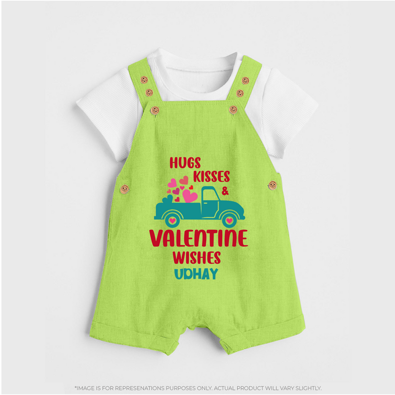 Hugs, Kisses & Valentine Wishes - Customized Dungaree Set For Kids With Name - GREEN - 0 - 5 Months Old (Chest 18")