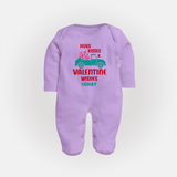 Hugs, Kisses & Valentine Wishes - Customized Sleep Suit For Babies With Name - LILAC - New Born (Chest 7.5")