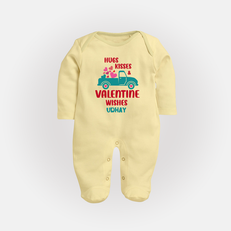 Hugs, Kisses & Valentine Wishes - Customized Sleep Suit For Babies With Name - PASTEL YELLOW - New Born (Chest 7.5")