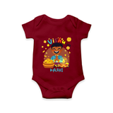 "Step into vibrant hues with our "Vishu Joy" Customised Kids Romper  - MAROON - 0 - 3 Months Old (Chest 16")