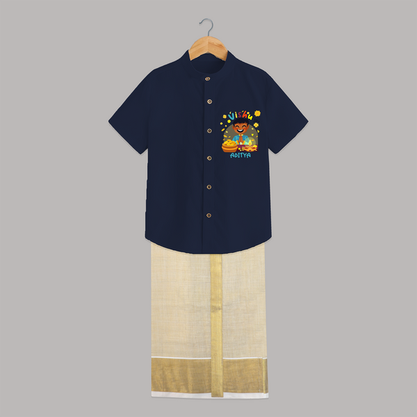 "Step into vibrant hues with our "Vishu Joy" Customised Kids Shirt and Dhoti - NAVY BLUE - 0 - 6 Months Old (Chest-23") (Dhoti length-14")