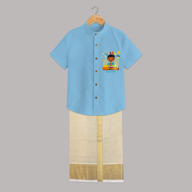 "Step into vibrant hues with our "Vishu Joy" Customised Kids Shirt and Dhoti - SKY BLUE - 0 - 6 Months Old (Chest-23") (Dhoti length-14")