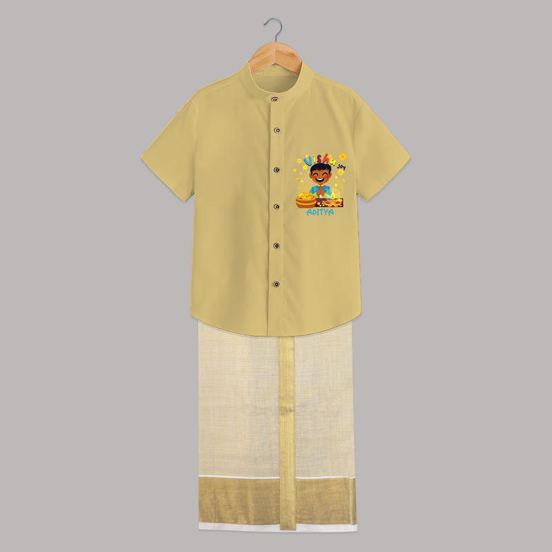 "Step into vibrant hues with our "Vishu Joy" Customised Kids Shirt and Dhoti - YELLOW - 0 - 6 Months Old (Chest-23") (Dhoti length-14")