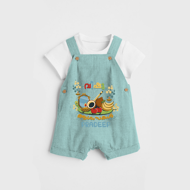 Embrace tradition with "Vishu Ashamsakal" Customised Dungaree for Kids - AQUA GREEN - 0 - 3 Months Old (Chest 17")