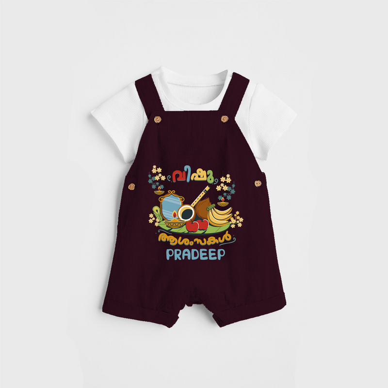 Embrace tradition with "Vishu Ashamsakal" Customised Dungaree for Kids - MAROON - 0 - 3 Months Old (Chest 17")