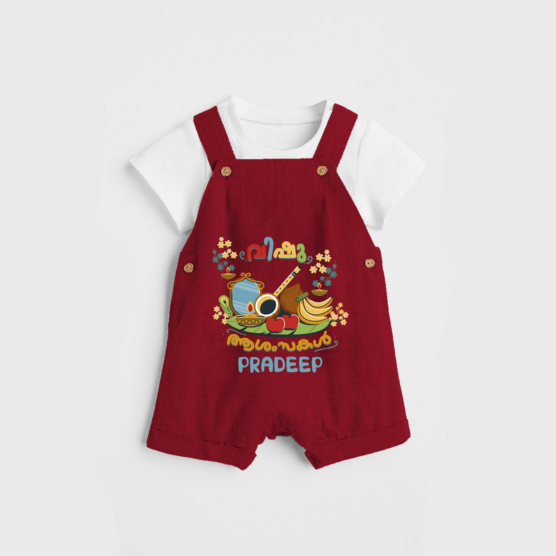 Embrace tradition with "Vishu Ashamsakal" Customised Dungaree for Kids - RED - 0 - 3 Months Old (Chest 17")
