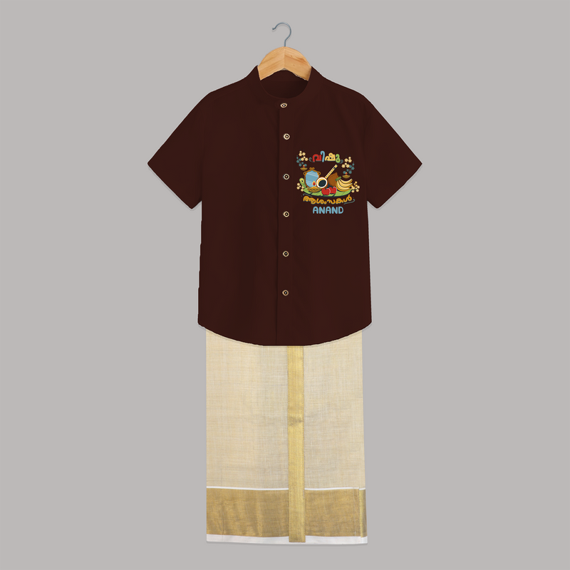 Embrace tradition with "Vishu Ashamsakal" Customised Kids Shirt and Dhoti - CHOCOLATE BROWN - 0 - 6 Months Old (Chest-23") (Dhoti length-14")