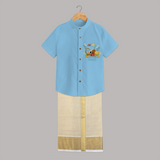 Embrace tradition with "Vishu Ashamsakal" Customised Kids Shirt and Dhoti - SKY BLUE - 0 - 6 Months Old (Chest-23") (Dhoti length-14")