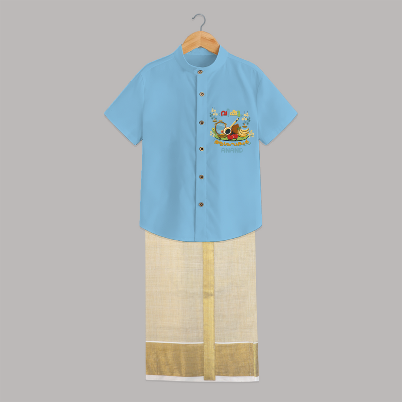 Embrace tradition with "Vishu Ashamsakal" Customised Kids Shirt and Dhoti - SKY BLUE - 0 - 6 Months Old (Chest-23") (Dhoti length-14")