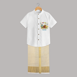 Embrace tradition with "Vishu Ashamsakal" Customised Kids Shirt and Dhoti - WHITE - 0 - 6 Months Old (Chest-23") (Dhoti length-14")