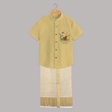 Embrace tradition with "Vishu Ashamsakal" Customised Kids Shirt and Dhoti - YELLOW - 0 - 6 Months Old (Chest-23") (Dhoti length-14")