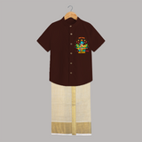 Make a statement with "This Cutie is Vishu Ready" vibrant colors Customised Kids Shirt and Dhoti - CHOCOLATE BROWN - 0 - 6 Months Old (Chest-23") (Dhoti length-14")