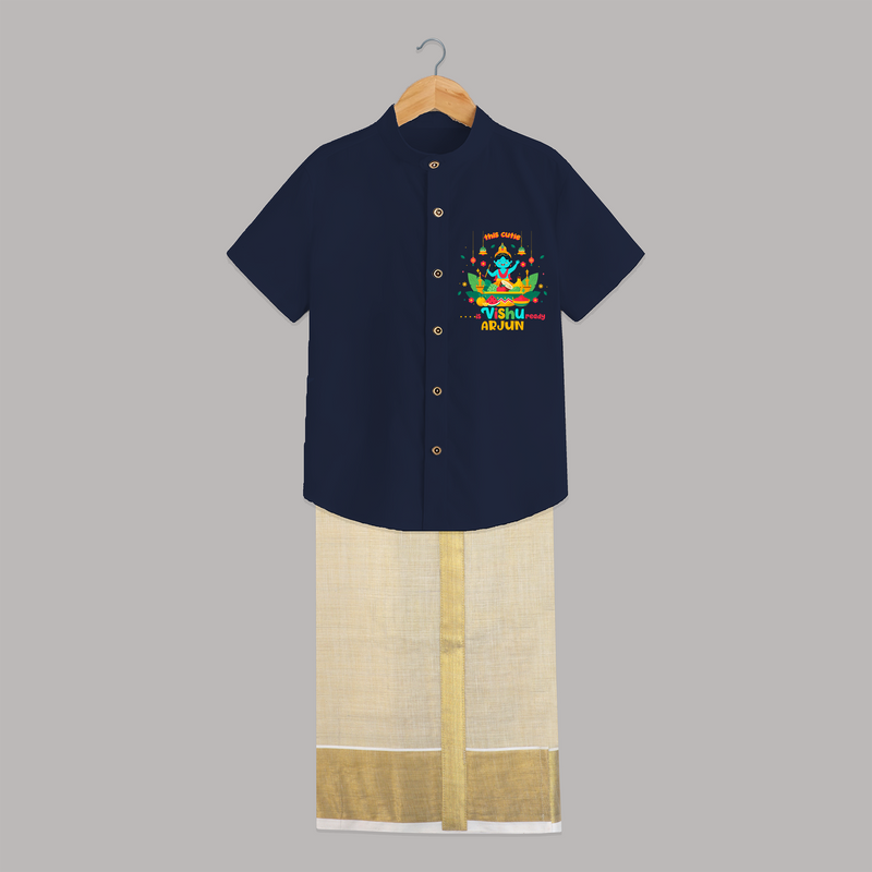 Make a statement with "This Cutie is Vishu Ready" vibrant colors Customised Kids Shirt and Dhoti - NAVY BLUE - 0 - 6 Months Old (Chest-23") (Dhoti length-14")