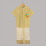 Make a statement with "This Cutie is Vishu Ready" vibrant colors Customised Kids Shirt and Dhoti - YELLOW - 0 - 6 Months Old (Chest-23") (Dhoti length-14")