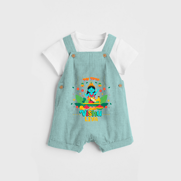 Stand out with eye-catching "My 1st Vishu" designs of Customised Dungaree for Kids - AQUA GREEN - 0 - 3 Months Old (Chest 17")