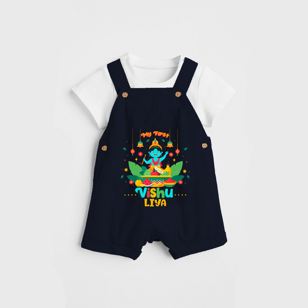 Stand out with eye-catching "My 1st Vishu" designs of Customised Dungaree for Kids - NAVY BLUE - 0 - 3 Months Old (Chest 17")