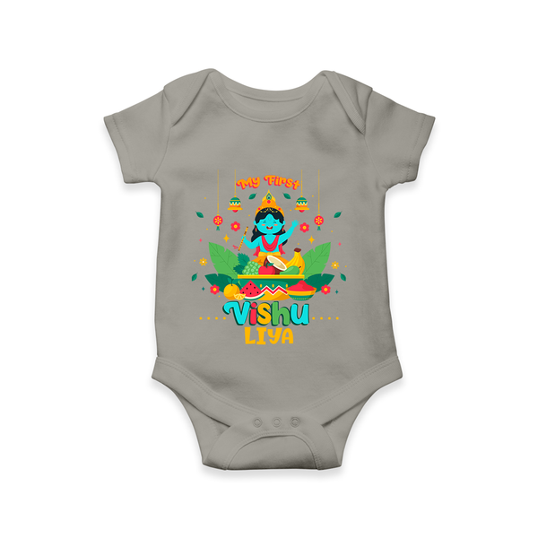Stand out with eye-catching "My 1st Vishu" designs of Customised Kids Romper  - GREY - 0 - 3 Months Old (Chest 16")