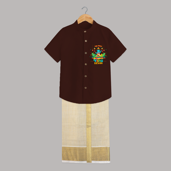 Stand out with eye-catching "My 1st Vishu" designs of Customised Kids Shirt and Dhoti - CHOCOLATE BROWN - 0 - 6 Months Old (Chest-23") (Dhoti length-14")