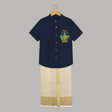 Stand out with eye-catching "My 1st Vishu" designs of Customised Kids Shirt and Dhoti - NAVY BLUE - 0 - 6 Months Old (Chest-23") (Dhoti length-14")