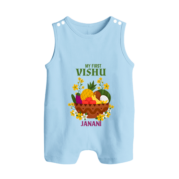 My First Vishu Janani Personalized Baby BUTTON ROMPER – Vishu Kani Theme Outfit - BABY BLUE - New Born (Chest 18")