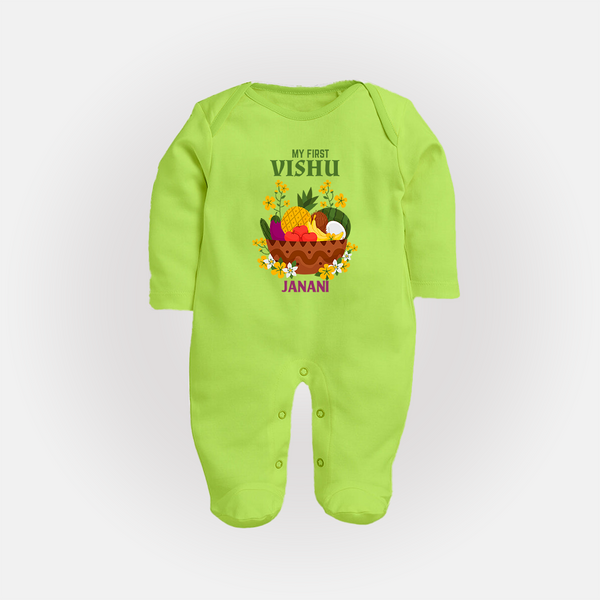 My First Vishu Janani Personalized Baby FULL BODY SUIT – Vishu Kani Theme Outfit - LIME GREEN - New Born (Chest 7.5")