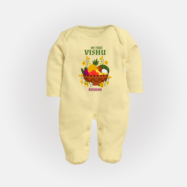 My First Vishu Janani Personalized Baby FULL BODY SUIT – Vishu Kani Theme Outfit - PASTEL YELLOW - New Born (Chest 7.5")