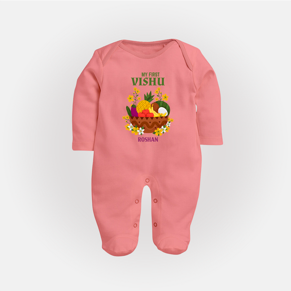 My First Vishu Janani Personalized Baby FULL BODY SUIT – Vishu Kani Theme Outfit - PEACH - New Born (Chest 7.5")